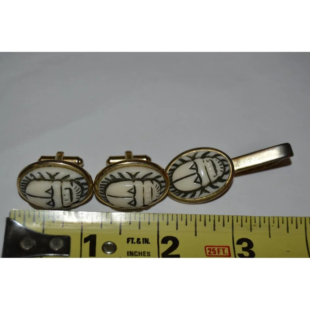 NICE Vintage White Tribal Masks 1960s Tie Bar Clasp & Cuff Links Set Ultra RARE